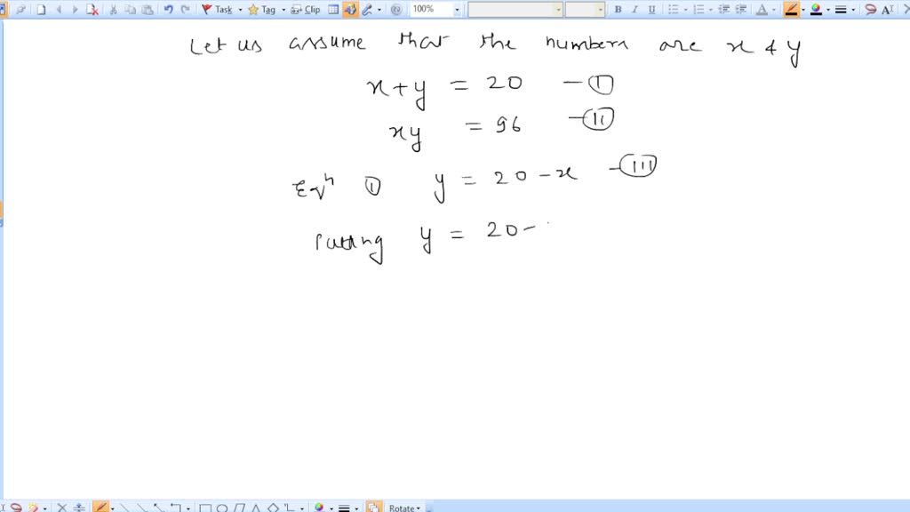 SOLVED: The sum of two numbers is 20 and their product is 96. Find the ...