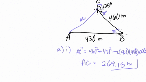 8-in-the-figure-a-b-and-c-are-three-points-on-a-horizontal-field-a-is-due-west-of-b-the-bearing-of-b-from-c-is-125circ-a-b430-mathrmm-and-b-c460-mathrmm-a-find-i-the-distance-between-a-and-c-ii-angl-2