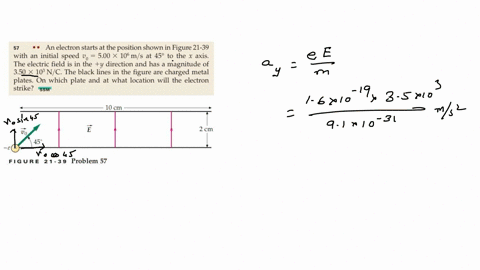 57-an-electron-starts-at-the-position-shown-in-figure-21-39-with-an-initial-speed-v_0-500-times-106-ms-at-45circ-to-the-x-axis-the-electric-field-is-in-the-y-direction-and-has-a-magnitude-of-350-times