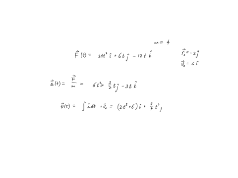 a-particle-of-mass-4-units-moves-in-a-force-field-depending-on-time-t-given-by-f-24t-2-i-6tj-12tk-assuming-that-at-t-0-the-particle-is-located-at-r_0-2j-and-has-a-velocity-v_0-6i-find-at-any-time-t-i