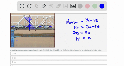 new-bridge-structure-requires-triangles-that-are-in-ratio-of-11_-if-ac-10-and-ec-find-the-distance-between-the-top-and-bottom-of-the-bridge-in-feet-0-14-ft-38-ft-76-ft-150-66407