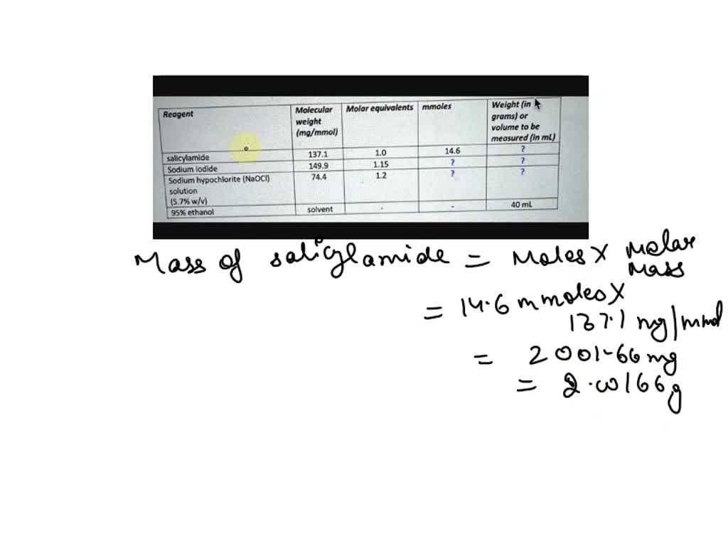 VIDEO solution: Molar equivalents mmoles Weight (in grams)or volume to