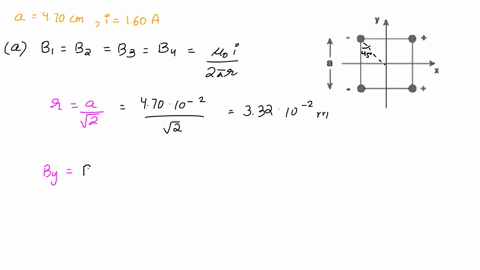 four-wires-that-lie-at-the-corners-of-square-of-side-a-470-cm-are-carrying-equal-currents-i-160-fh-into-or-out-of-the-page-as-shown-in-the-picture-calculate-the-component-of-the-magnetic-fie-67865