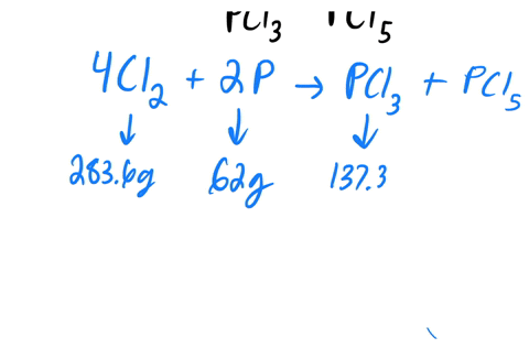 a-mixture-of-206-g-of-p-and-794-g-cl2-reacts-completely-to-form-pcl3-and-pcl5-which-are-the-only-products-determine-the-mass-of-pcl3-that-forms-5