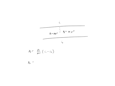 two-long-parallel-straight-conductors-carry-currents-i1-and-i2i1-i2-when-the-current-are-in-the-same-direction-the-magnetic-field-at-a-point-midway-between-the-wires-is-20-mu-t-if-the-direct-92443