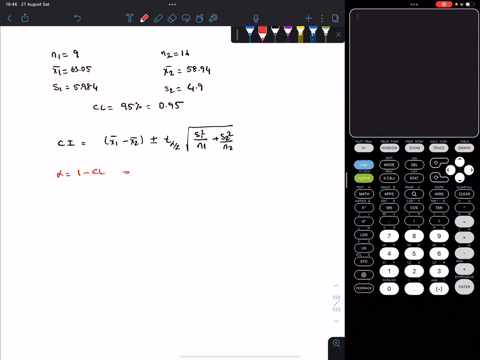 given-two-random-samples-of-size-n1-9-and-n216-from-two-independent-normal-populations-with-x16305-s15984and-x25894-s249-find-95-confidence-interval-for-the-difference-between-two-means-64142