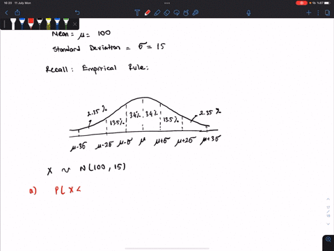 intelligence-quotients-iq-are-approximately-normally-distributed-with-a-mean-of-100-and-a-standard-deviation-of-15-use-the-following-density-curve-and-68-95-997-rule-to-find-the-percentage-o-84343