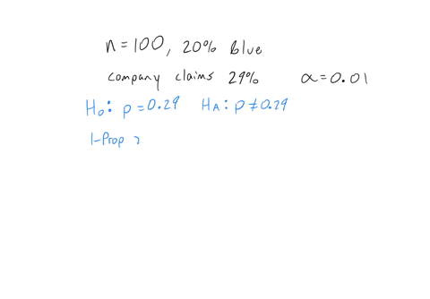 suppose-that-in-a-random-selection-of-100-colored-candies-20-of-them-are-blue-the-candy-company-claims-that-the-percentage-of-blue-candies-is-equal-to-29-use-a-001-significance-level-to-test-54394
