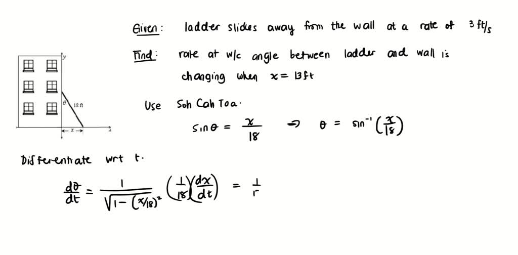SOLVED A 18ft ladder leaning against a wall begins to slide. How fast is the angle between the
