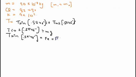 two-pith-balls-with-the-same-mass-m-90-x-10-8-kg-and-the-same-positive-charge-q-are-suspended-from-the-same-point-by-insulating-threads-of-length-l-098-m-what-is-the-charge-q-assume-the-angl-24364