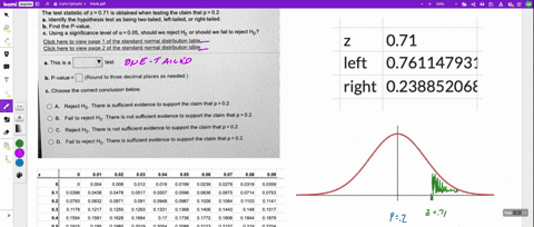 the-test-statistic-of-z-071-is-obtained-when-testing-the-claim-ihat-p02_-identify-the-hypothesis-test-as-being-two-tailed-left-tailed-right-tailed-b-find-the-p-value-using-a-significance-lev-96651