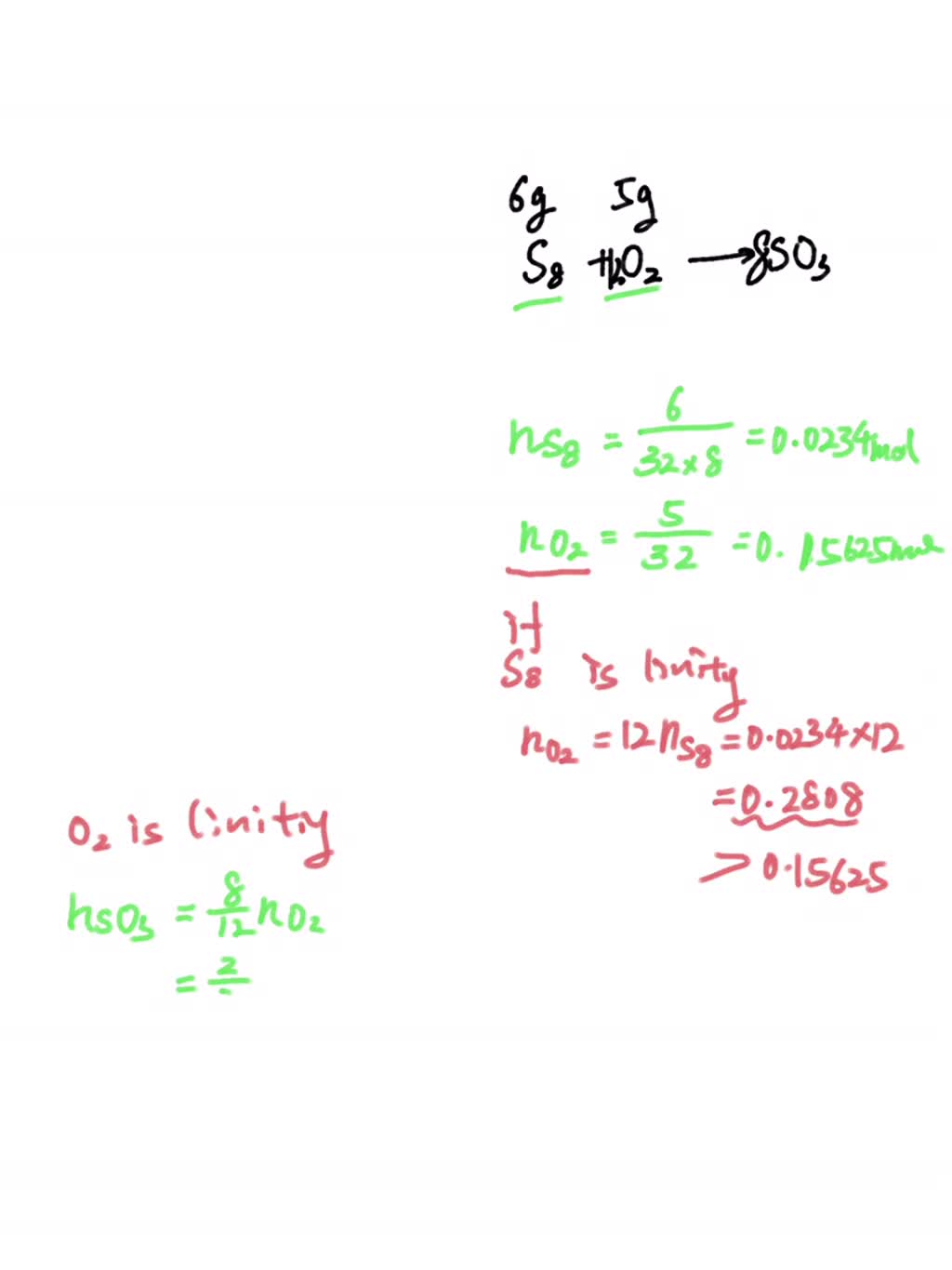 SOLVED: Solid sulfur and oxygen gas react to produce sulfur trioxide as  shown below. In a particular experiment , 5g of O2 are reacted with 6g of  S8. A. If we assume