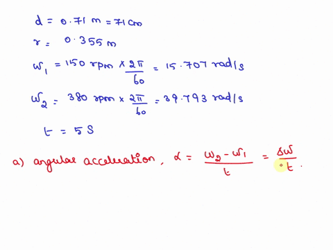 a-71-cmcm-diameter-wheel-accelerates-uniformly-about-its-center-from-150-rpm-to-380-rpm-in-50-s-adetermine-its-angular-acceleration-bdetermine-the-radial-component-of-the-linear-acceleration-90704