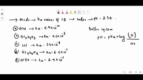 which-of-the-following-acids-listed-with-ka-values-and-their-conjugate-base-would-form-a-buffer-with-a-robust-capacity-around-ph-234-which-of-the-ones-that-apply-a-hcn-ka-49-10-10-b-hc3h3o3-46914
