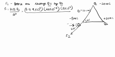 three-charges-q1-20-uc-qz-30-uc-and-qz-50-pc-are-located-at-three-corners-of-an-equilateral-triangle-having-the-length-of-the-side-equal-to-10-cm-as-shown-in-figure-find-the-magnitude-and-di-93414