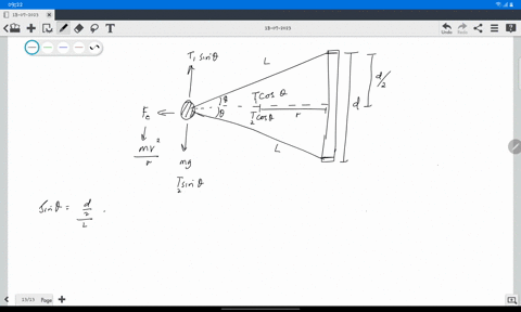 in-the-figure-a-195-kg-ball-is-connected-by-means-of-two-massless-strings-each-of-length-l-153-m-to-a-vertical-rotating-rod-the-strings-are-tied-to-the-rod-with-separation-d-153-m-and-are-ta-14594