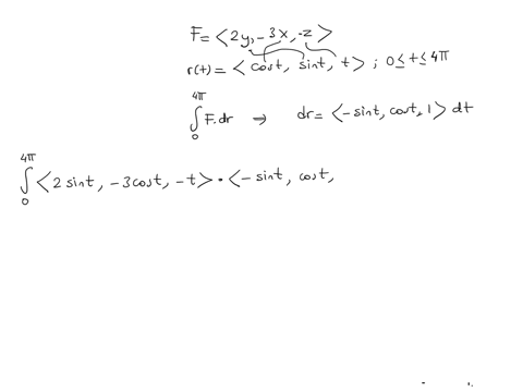 find-int_c-vecf-cdot-d-vecr-for-vecf2-y-veci-3-x-vecj-z-veck-if-c-is-the-helix-xcos-t-ysin-t-zt-for-0-leq-t-leq-4-pi-int_c-vecf-cdot-d-vecr