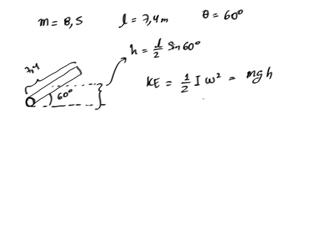 a-uniform-rod-of-mass-85-kg-and-length-74-m-is-free-to-rotate-about-one-end-see-the-following-figure-if-the-rod-is-released-from-rest-at-an-angle-of-60-with-respect-to-the-horizontal-what-is-the-speed