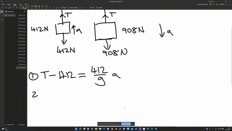 as-shown-in-the-figure-two-blocks-are-connected-by-a-rope-that-passes-over-a-set-of-pullevs-one-block-has-a-weight-of-412-n-and-the-other-has-a-weight-of-908-n-the-ropes-and-pulleys-are-mass-44874