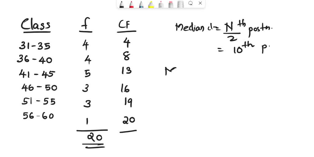 SOLVED: SCORES F 31-35 4 36-40 4 41-45 5 46-50 3 51-55 3 56-60 1 What ...