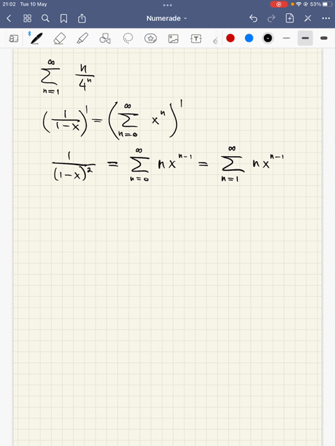 evaluate-the-infinite-series-by-identifying-it-as-the-value-of-a-derivative-of-a-geometric-series-4n-n-hint-write-it-as-f-4-where-fz-xn-n-0-46306