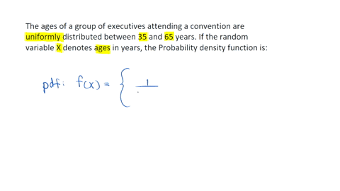 the-ages-of-a-group-of-executives-attending-a-convention-are-uniformly-distributed-between-35-and-65-years-if-the-random-variable-x-denotes-ages-in-years-the-probability-density-function-is