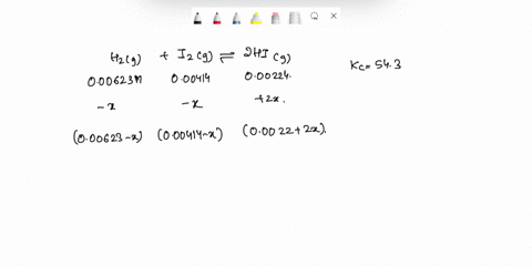 consider-the-following-reaction-h2g-i2g-2hig-2hig-the-kc-for-the-reaction-is-543-at-430-c-if-h2-000623m-i2-000414m-and-hi-000224-are-placed-in-a-container-calculate-the-concentrations-of-the-08754