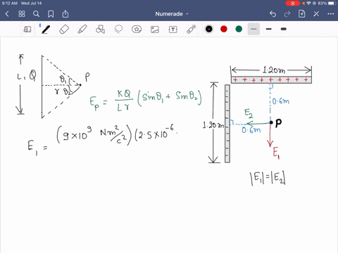 two-120-m-nonconducting-rods-meet-at-a-right-angle-one-rod-carries-250-muc-of-charge-distributed-uniformly-along-its-length-and-the-other-carries-250-muc-distributed-uniformly-along-it-textbffig-p21-2