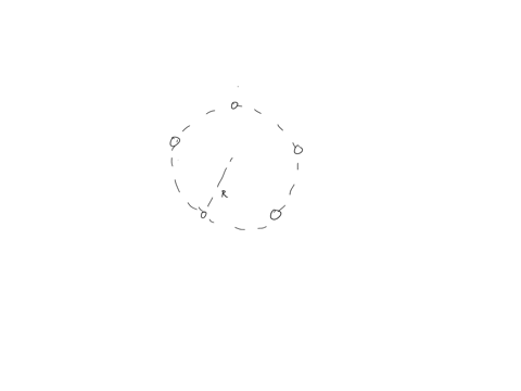 five-particles-with-equal-negative-charges-q-are-placed-symmetrically-around-a-circle-of-radius-r-calculate-the-electric-potential-at-the-center-of-the-circle-50046