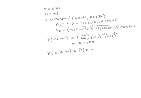 a-certain-flight-arrives-on-time-81-percent-of-the-time-suppose-166-flights-are-randomly-selected-use-the-normal-approximation-to-the-binomial-to-approximate-the-probability-that-a-exactly-1-45468