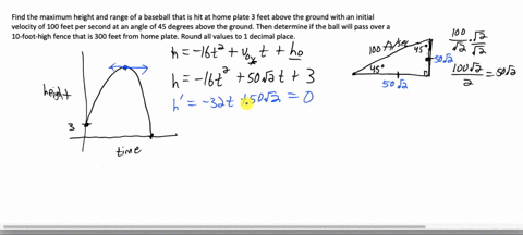 a-baseball-is-hit-3-feet-above-the-ground-with-an-initial-velocity-of-100-feet-per-second-and-at-an-angle-of-45-with-respect-to-the-ground-by-a-batter-at-the-home-plate-determine-the-maximum-27326