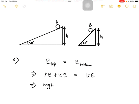 two-identical-balls-a-and-b-are-released-from-rest-from-the-same-height-28-m-along-two-smooth-inclined-planes-that-touch-the-horizontal-ground-ball-a-is-released-on-a-plane-inclined-at-300-to-the-hori
