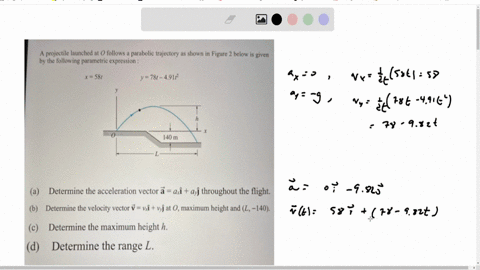 a-projectile-launched-at-o-follows-a-parabolic-trajectory-as-shown-in-figure-2-below-is-given-by-the-following-parametric-expression-x58-t-quad-y78-t-491-t2-a-determine-the-acceleration-vector-overr-2