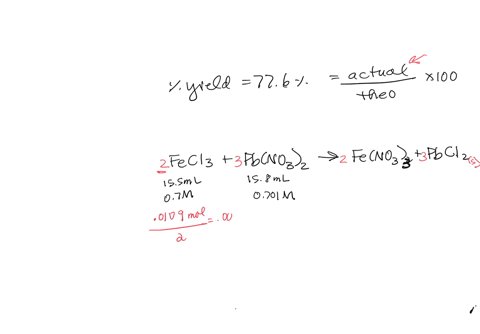 what-is-the-experimental-yield-in-g-of-precipitate-when-155-ml-of-a-07-m-solution-of-ironiii-chloride-is-combined-with-158-ml-of-a-0701-m-solution-of-leadii-nitrate-at-a-776-yield-38662
