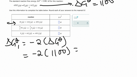the-standard-reaction-free-energy-delta-g01100-mathrmkj-for-this-reaction-4-mathrmpcl_3g-rightarrow-mathrmp_4g6-mathrmcl_2g-use-this-information-to-complete-the-table-below-round-each-of-your-answers