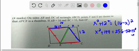 4-marks-on-sides-ab-and-dc-of-rectangle-abcd-points-f-and-e-are-chosen-so-that-afce-is-a-rhombus-if-ab-16-and-bc-12-find-ef-97232
