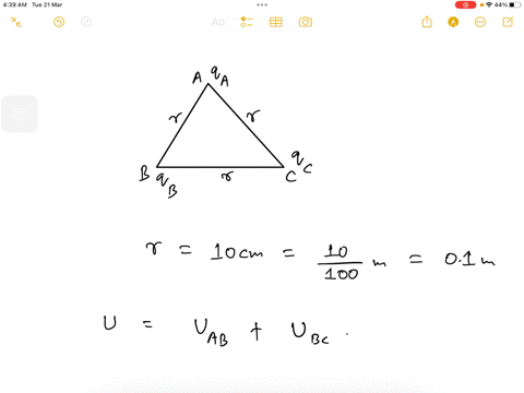 three-point-charges-40-c-50-c-and-100-c-are-placed-at-the-three-corners-a-b-and-c-of-an-equilateral-triangle-abc-the-length-of-each-side-is-10-cm-find-the-total-electric-potential-energy-of-87281