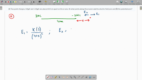 ii-two-point-charges-30muc-and-20muc-are-placed-40-cm-apart-on-the-x-axis-at-what-points-along-the-x-axis-is-a-the-electric-field-zero-and-b-the-potential-zero