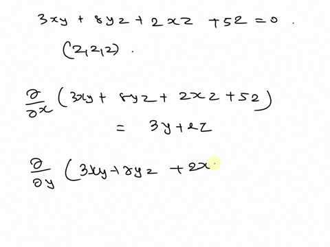 find-an-equation-of-the-plane-tangent-to-the-following-surface-at-the-given-point-3xy-8yz-2xz-52-0-222-the-equation-of-the-tangent-plane-at-222-is-0_-74913