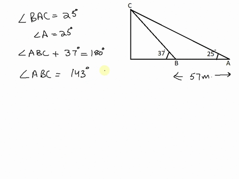 from-point-a-and-b-on-level-ground-the-angles-of-elevation-of-the-top-of-a-building-are-25-and-37-respectively-if-ab-57m-calculate-to-nearest-metre-the-distance-of-the-top-of-the-building-fr-90934