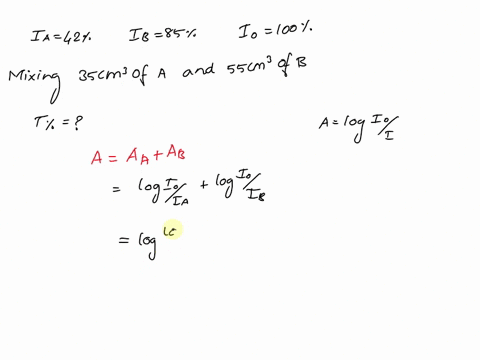 in-a-given-solutions-a-transmits-42-and-solution-b-transmits-85-if-radiation-having-a-certain-wavelength-the-transmittance-at-the-same-wavelength-of-a-solution-made-by-mixing-35cm3-solution-00533
