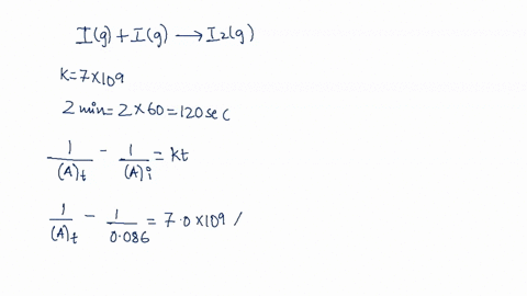 iodine-atoms-combine-to-form-molecular-iodine-in-the-gas-phase-the-reaction-is-second-order-and-has-a-rate-constant-of-70-109m1-s1-at-23c-if-the-initial-concentration-of-i-is-0086-m-calculat-80154