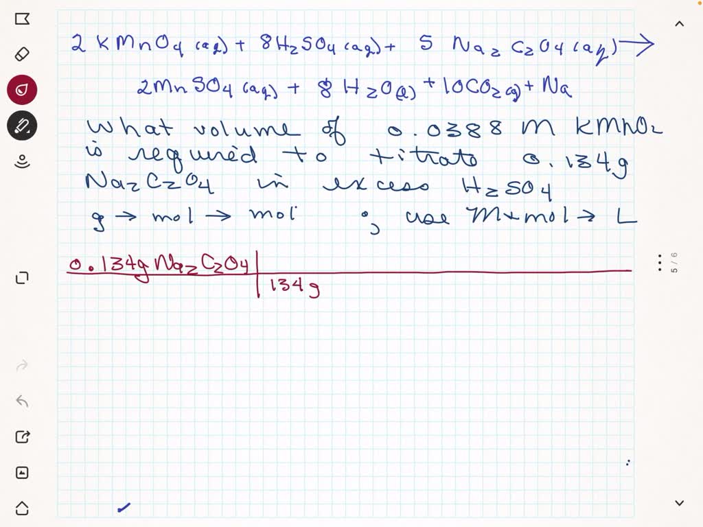 A solution of sodium oxalate (Na2C2O4) in acidic solution is titrated