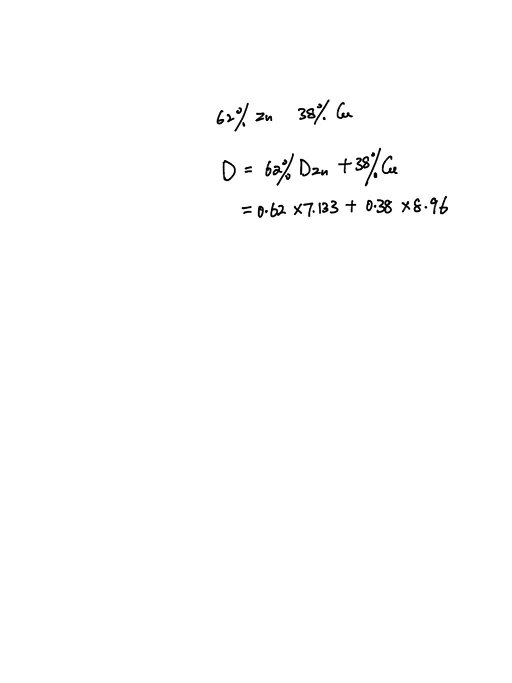 What is the density of a mixture that is 62 zinc and 38 copper? Assume density and composition