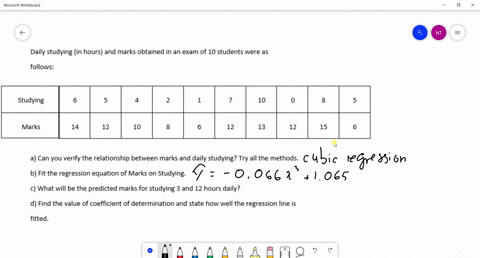 daily-studying-in-hours-and-marks-obtained-in-an-exam-of-10-students-were-as-studying-marks-follows-6-5-4-2-1-7-10-0-8-5-14-12-10-8-6-12-13-12-15-6-a-can-you-verify-the-relationship-between-marks-and-