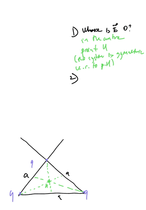 three-equal-positive-charges-are-at-the-corners-of-an-equilateral-triangle-of-side-as-shown-in-the-figure-below-assume-the-three-charges-together-create-an-electric-field-po-find-the-locatio-48941