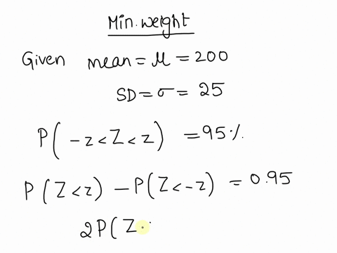 the-weight-of-football-players-is-normally-distributed-with-a-mean-of-200-pounds-and-a-standard-deviation-of-25-pounds-what-is-the-minimum-weight-of-the-middle-95-of-the-players-select-one-a-41667