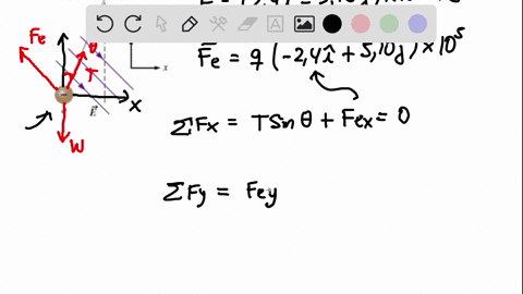 uniform-electric-field-given-by-240f-510j-x-105-nc-permeates-region-of-space-in-which-small-negatively-charged-sphere-of-mass-60-9-is-suspended-by-light-cord-see-figure-below_-the-sphere-fou-39571