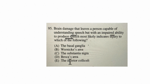 95-brain-damage-that-leaves-a-person-capable-of-understanding-speech-but-with-an-impaired-ability-to-produce-speech-most-likely-indicates-injury-to-which-of-the-following-a-the-basal-ganglia-b-wernick