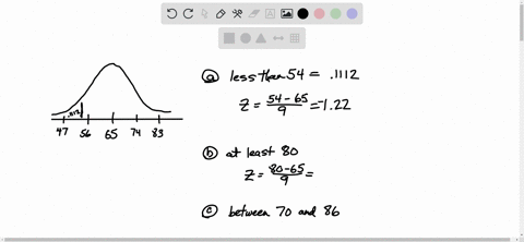 scores-on-an-exam-are-normally-distributed-with-a-mean-of-65-and-at-standard-deviation-of-9-find-the-percentage-of-scores-a-less-than-54-b-at-least-80-c-between-70-and-86-18332
